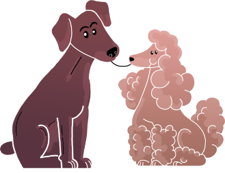 Links ein brauner Hund, rechts ein pinker Pudel die an der Schnauze verbunden sind