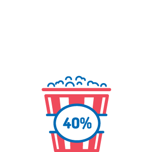 Popcorn im Eimer 40% gefüllt, Eimer rot, Popcorn und 40% blau