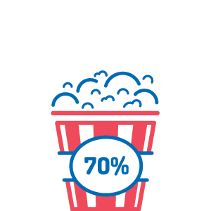 Popcorn im Eimer 70% gefüllt, Eimer rot, Popcorn und 70% blau