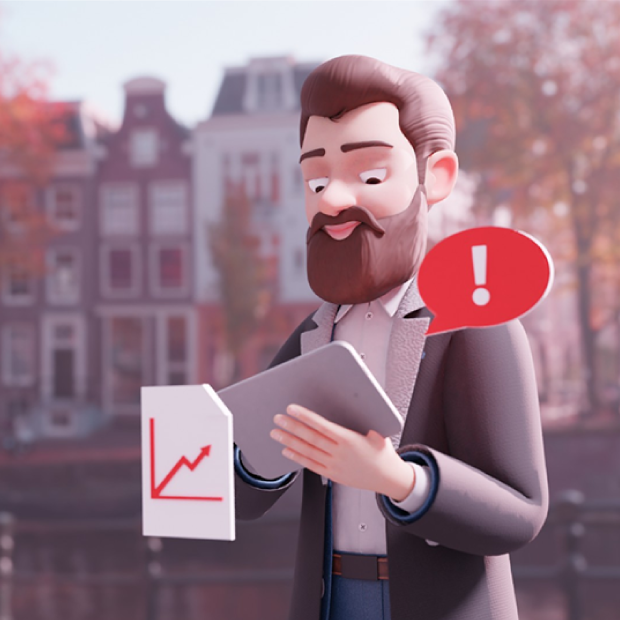 Ein Mann mit Bart drückt auf sein Tablett, eine rote Sprechblase mit weißem Ausrufezeichen ist neben dem Tablett