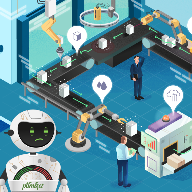 Ein Roboter im Vordergrund auf dem Optimizer steht, guckt sich einen Fließbandprocess an, der Mann der am Fliesbandprocess steht fasst sich an den Kopf