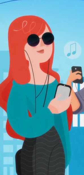 Eine Frau mit roten Haaren und einer schwarzen Sonnenbrille hört Musik über ihr Handy